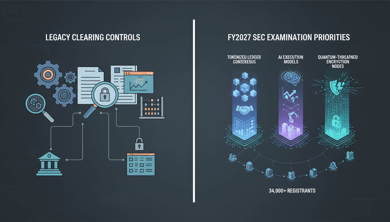 Architectural graphic mapping SEC FY2027 examination priorities covering tokenization, advanced AI systems, and quantum infrastructure.