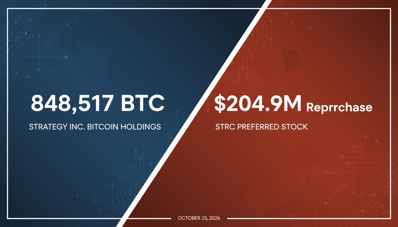 Clean graphic comparing Strategy's 848,517 Bitcoin reserve with a 204.9 million dollar preferred stock buyback metric