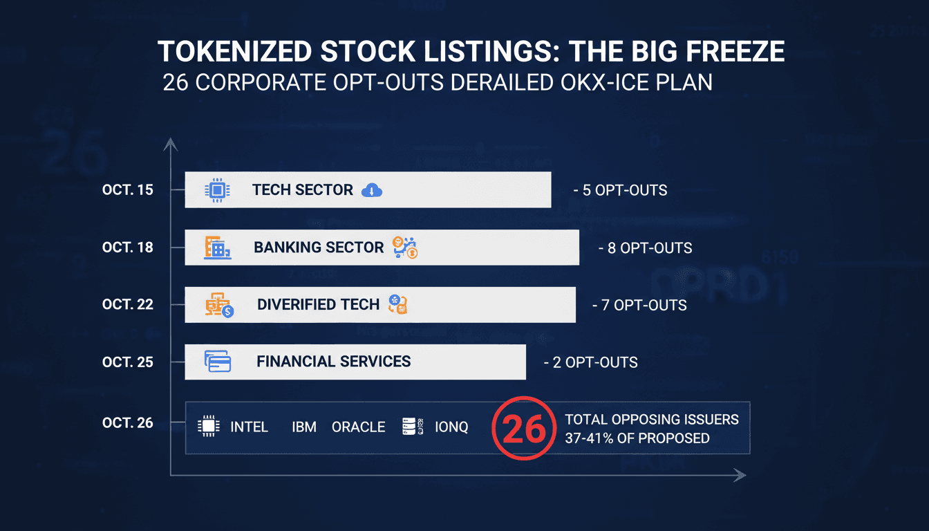 Minimalist infographic displaying 26 corporate logos opting out of OKX-ICE tokenized stock platform listings