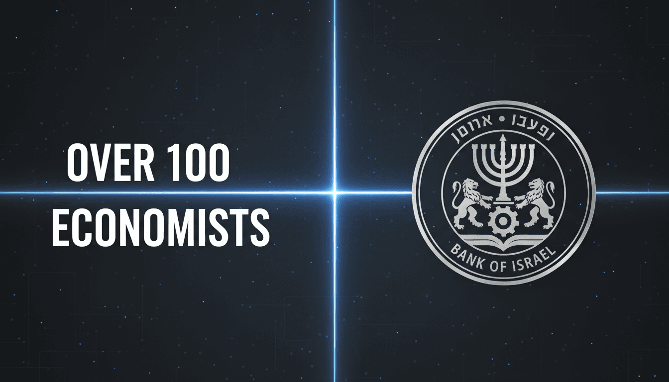 Bold typography highlighting over 100 economists next to Bank of Israel emblem on dark slate background