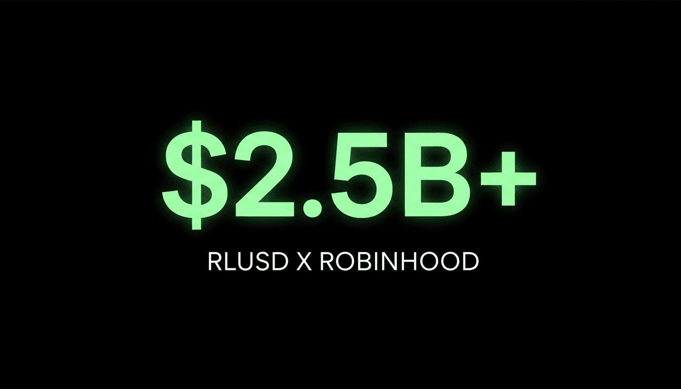 Minimalist graphic showing Ripple and Robinhood partnership text beside RLUSD stablecoin branding.