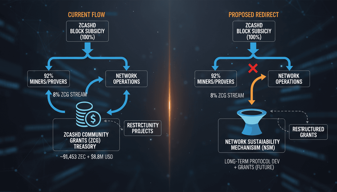 Diagram of Zcash block subsidy distribution showing proposed changes to the ZCG development treasury stream.
