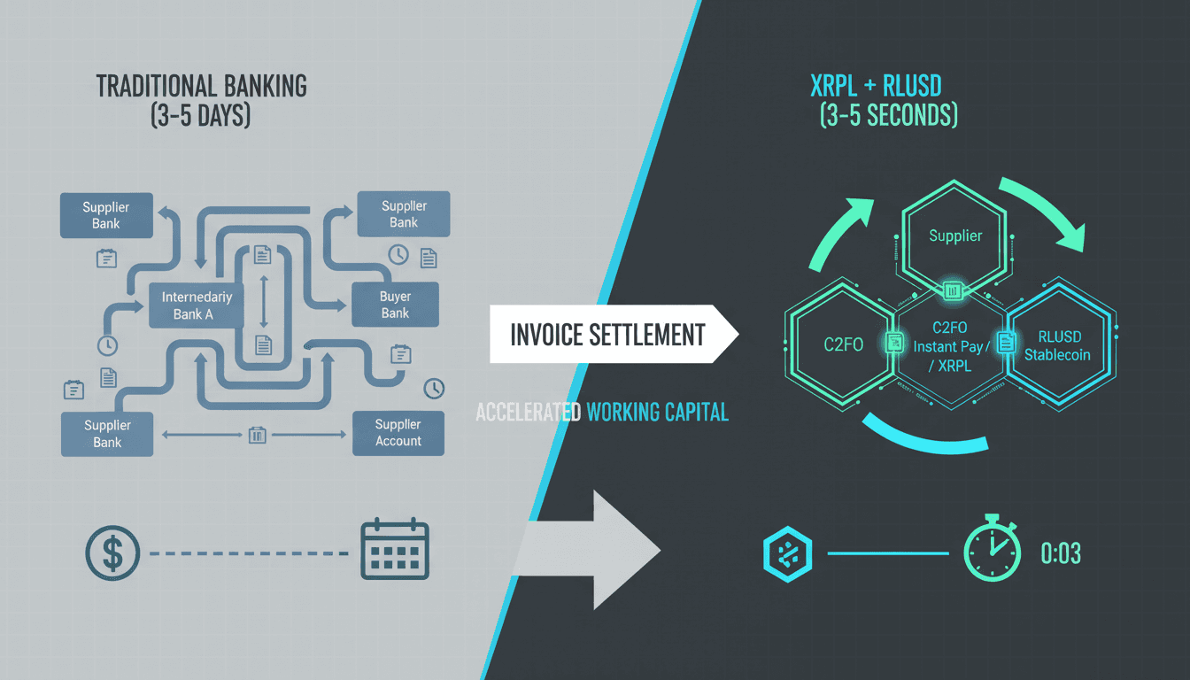 Architectural graphic comparing 3-5 day banking settlement cycles with 3-5 second XRPL invoice settlement speeds