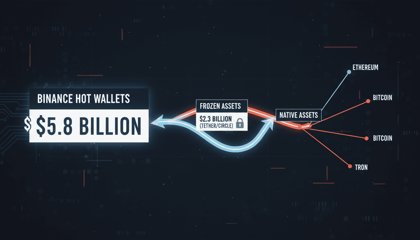 Diagram of the $5.8 billion Binance hot wallet compromise showing capital outflows and frozen stablecoin amounts.