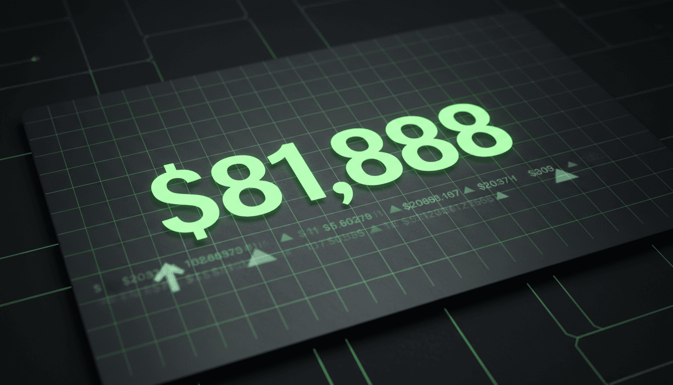 Minimalist dark display showing the Bitcoin price reaching $81,888 alongside derivatives liquidation figures.
