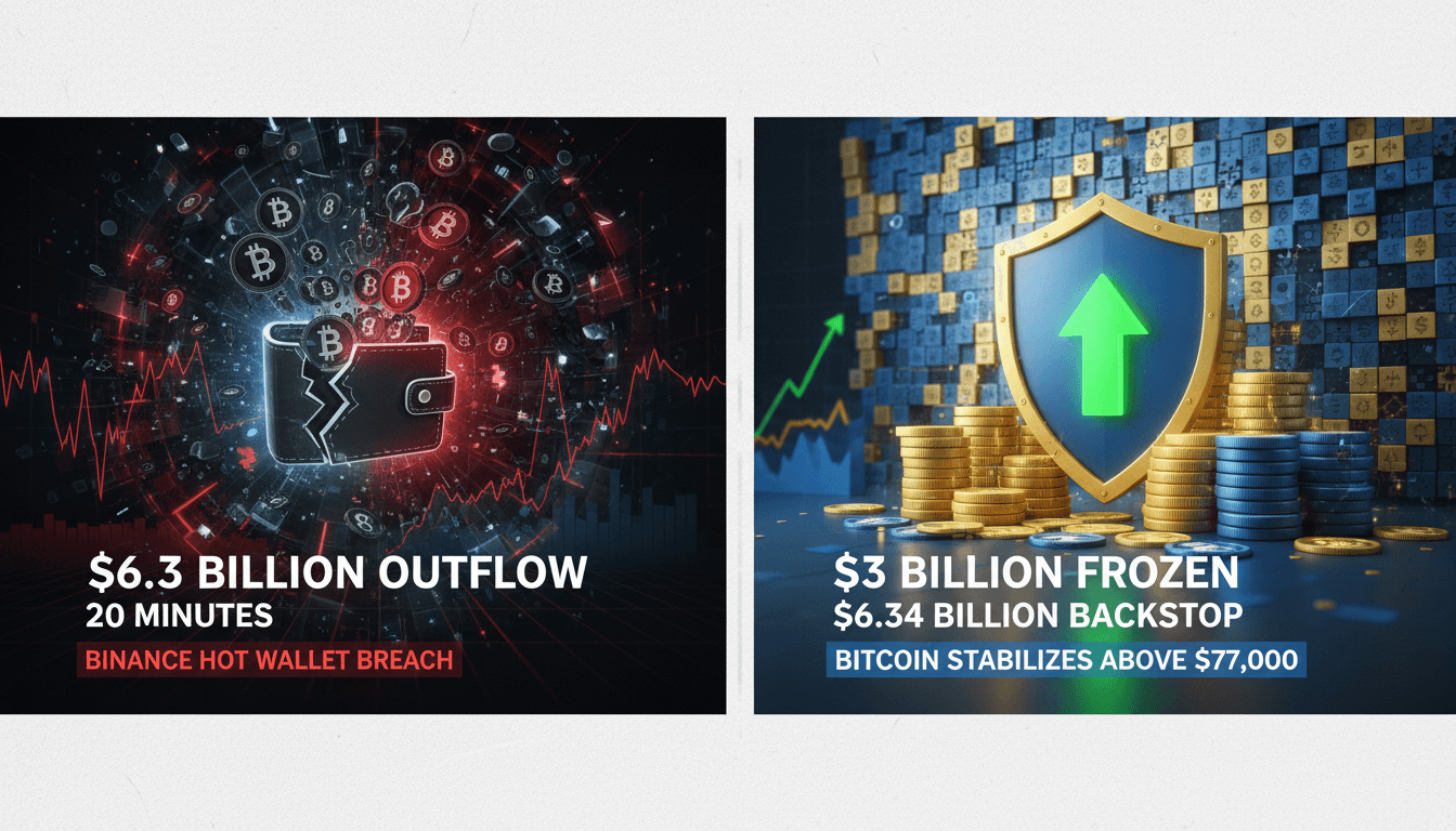 Data graphic illustrating Binance $6.3 billion breach outflows alongside the market recovery above $77,000
