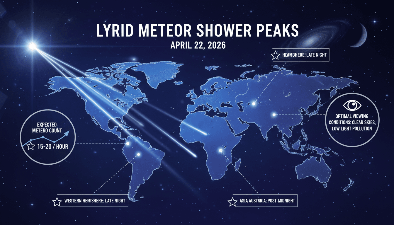 Lyrid meteor shower peaks with optimal viewing conditions on April 22, 2026