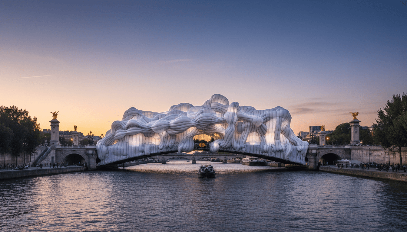 JR's inflatable cave installation on the Pont Neuf bridge in Paris