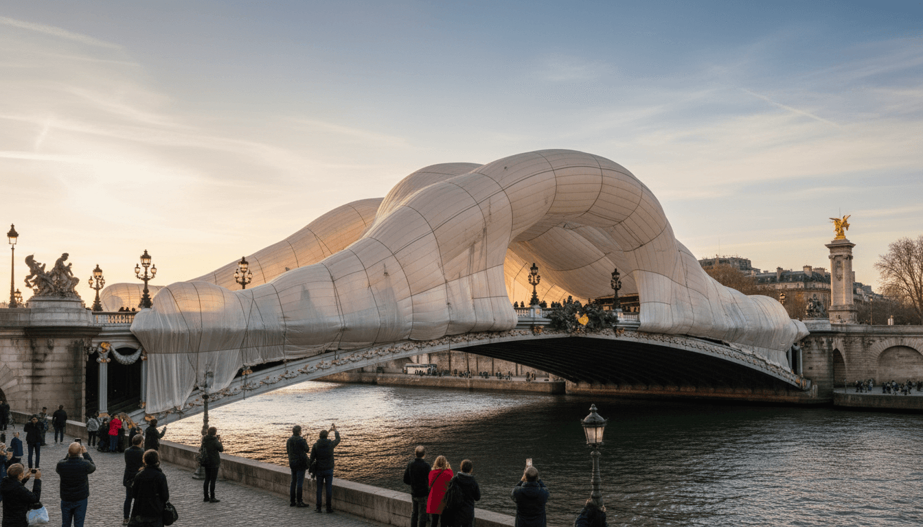 JR's inflatable cave installation on the historic Pont Neuf bridge in Paris.