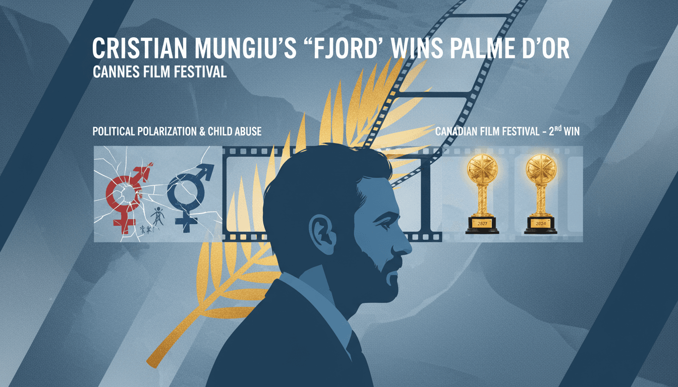 Cristian Mungiu celebrating his Palme d'Or win for 'Fjord' at Cannes Film Festival.
