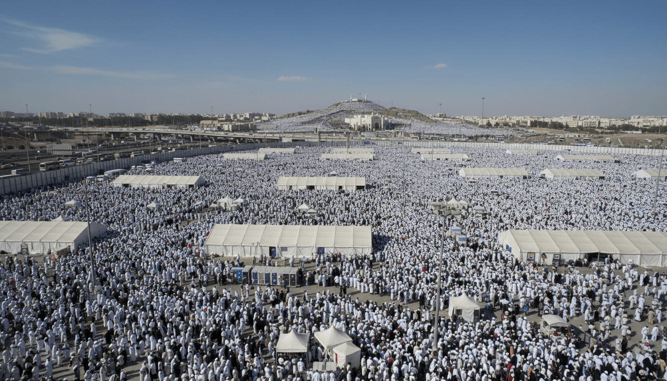 Aerial view of millions of pilgrims gathered at Arafat during Hajj, showcasing the scale of the event.