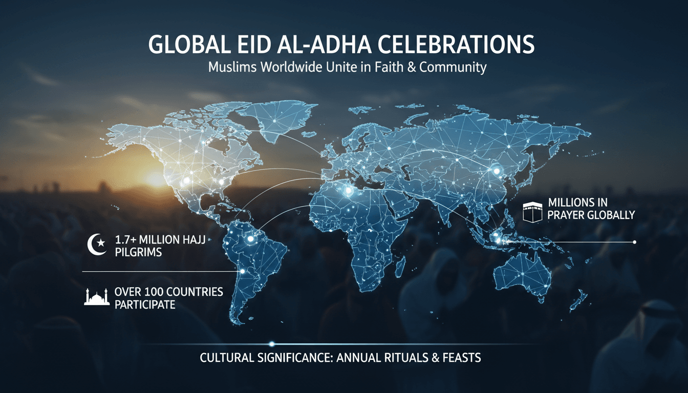 Muslims celebrating Eid al-Adha with prayers and rituals worldwide.