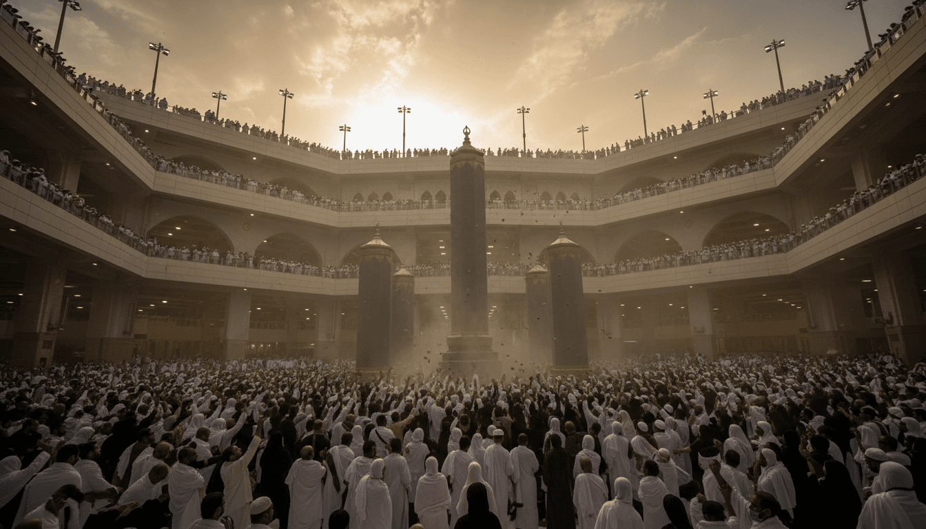 Pilgrims performing the stoning ritual during Hajj, highlighting the significance of the event in Islamic faith.
