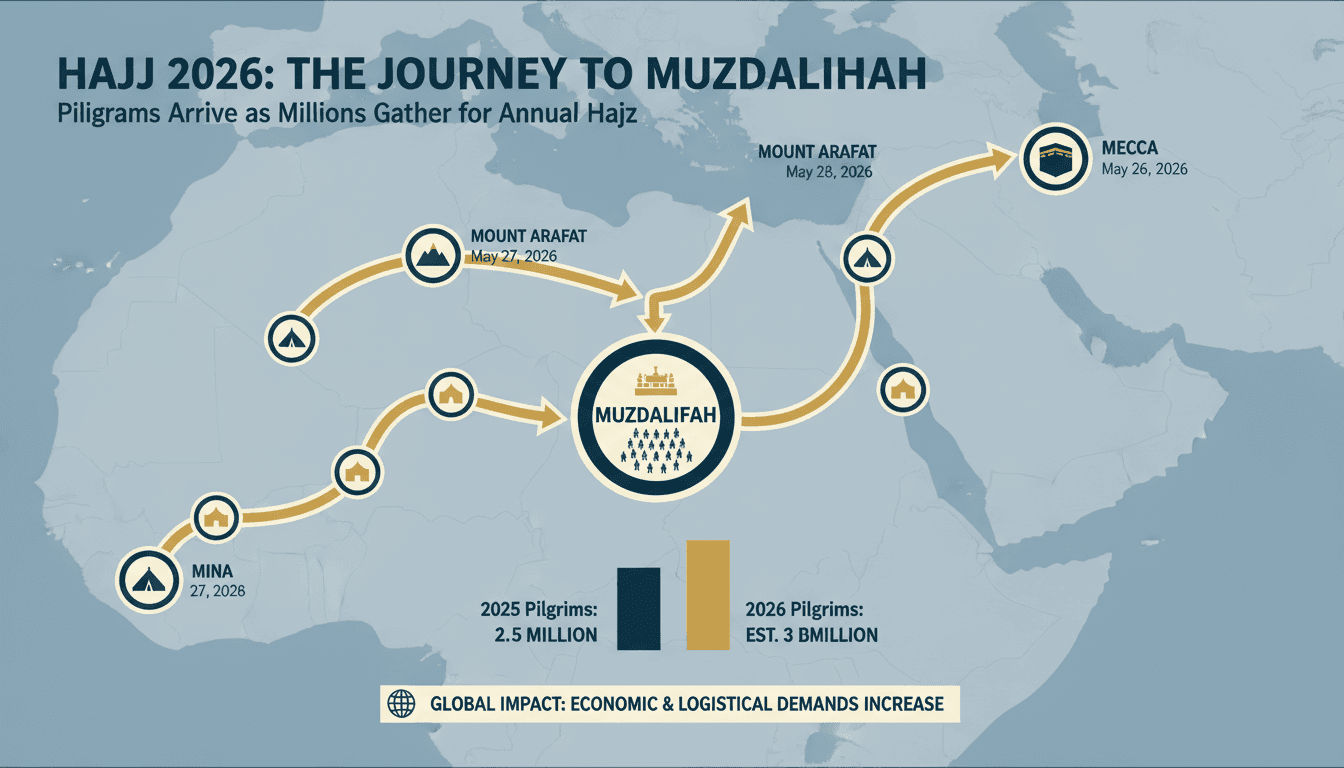 Pilgrims at Muzdalifah during Hajj 2026, showcasing the gathering and significance of the pilgrimage.