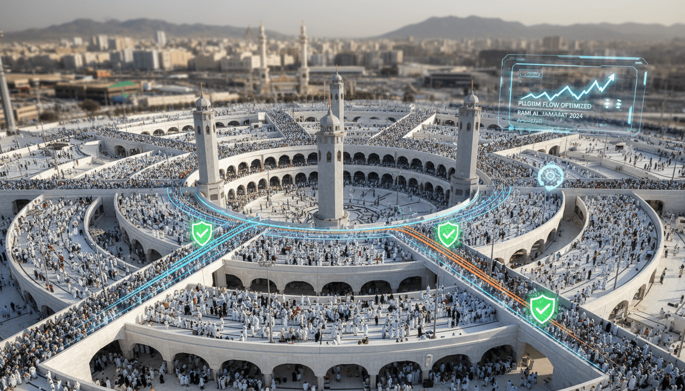 Pilgrims participating in the Rami al-Jamarat ritual during Hajj 2023.