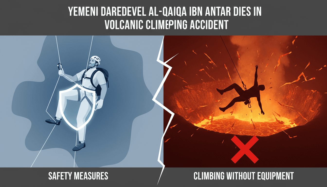 Al-Qaqa Ibn Antar climbing a volcanic crater in Yemen.