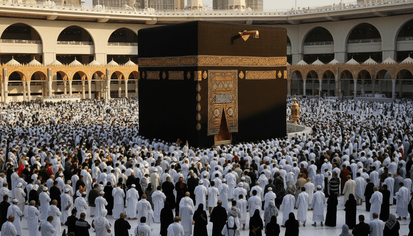 Worshippers gathered around the Kaaba during the annual covering replacement ceremony.