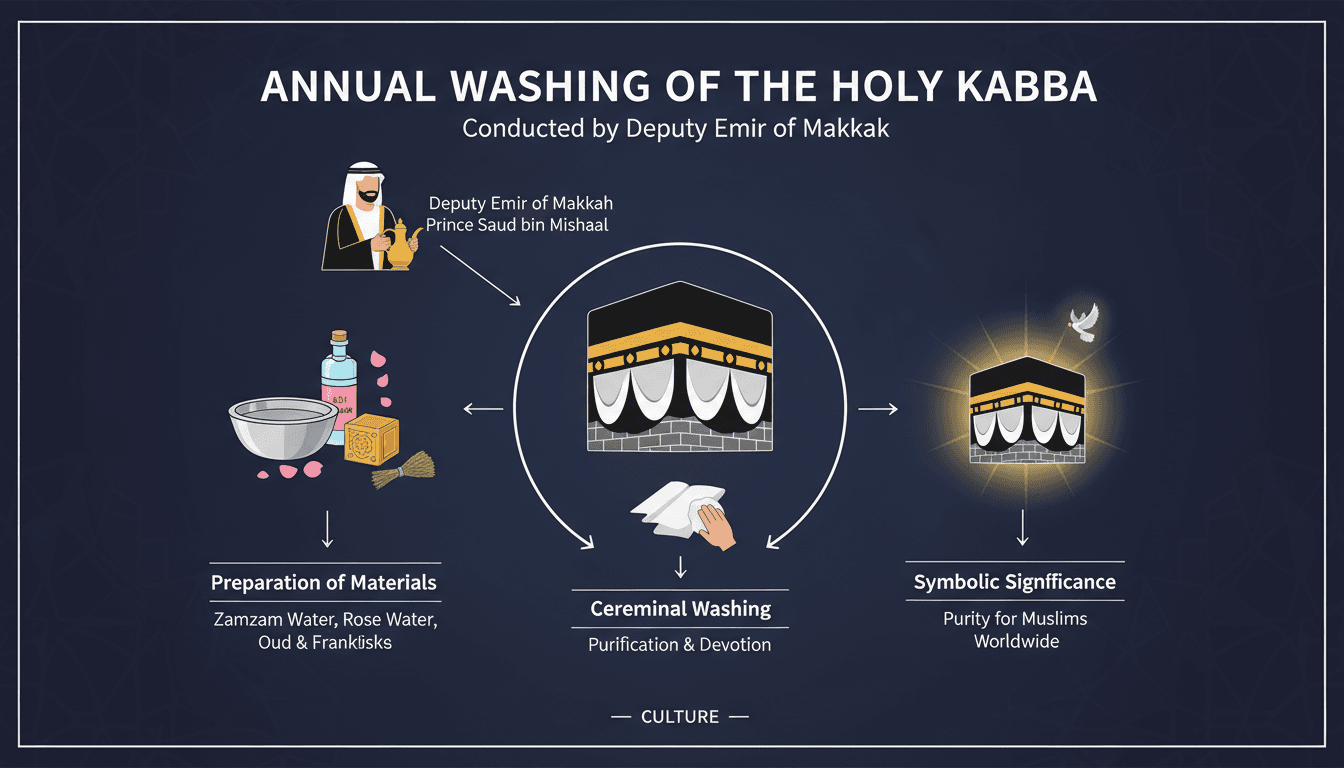 Deputy Emir of Makkah leading the ceremonial washing of the Holy Kaaba.