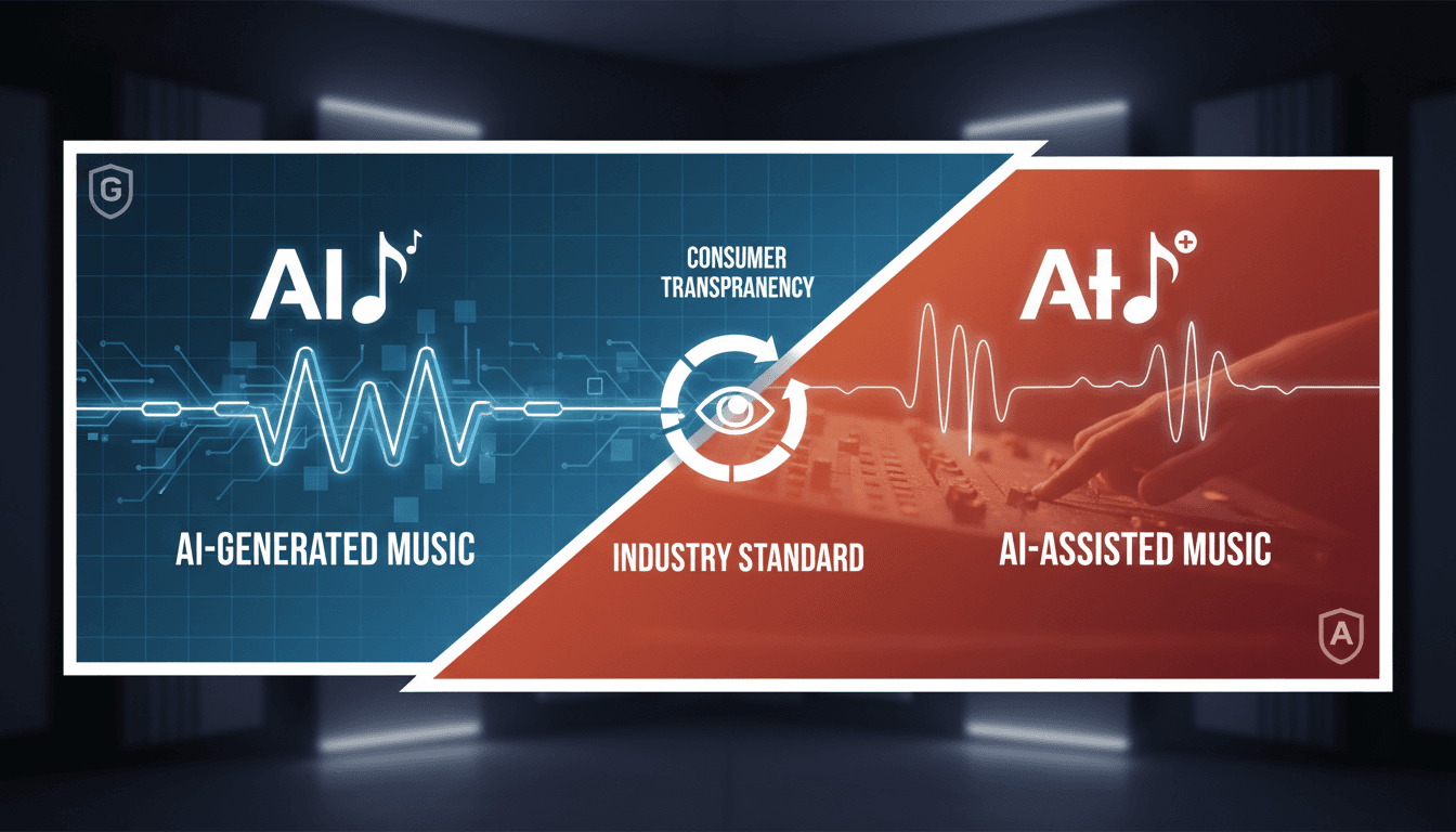 Illustration of AI-generated and AI-assisted music labels in the music industry.