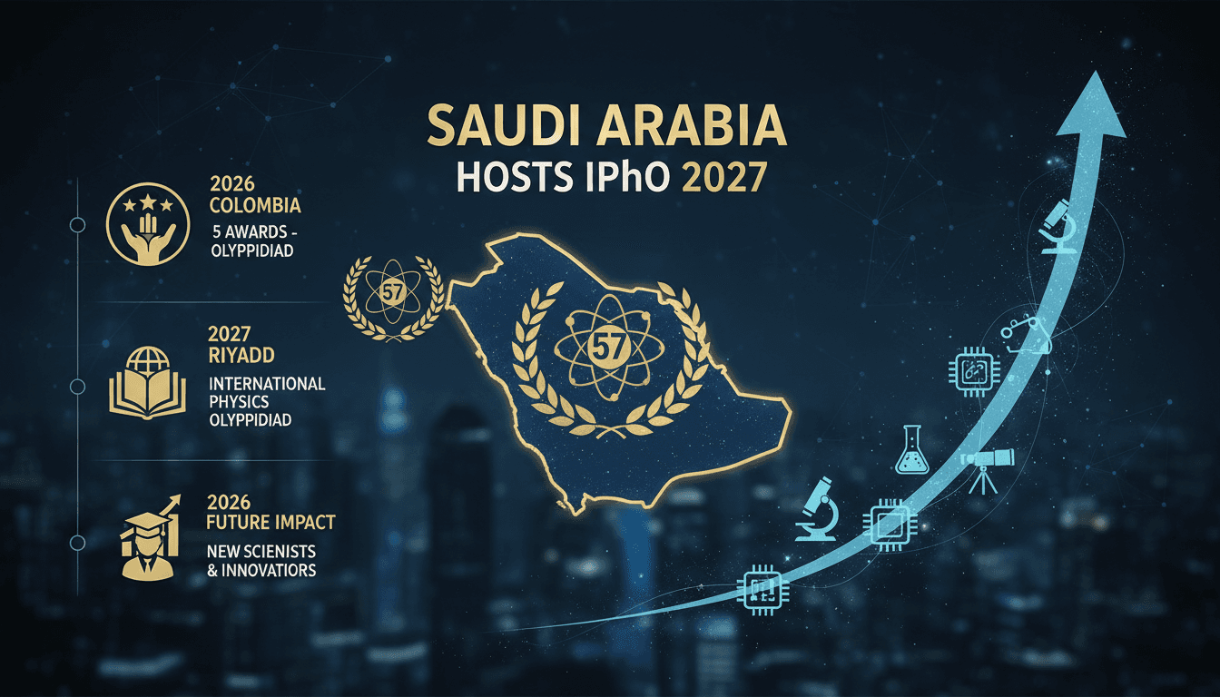Saudi Arabia's flag with a backdrop of scientific symbols representing the International Physics Olympiad.