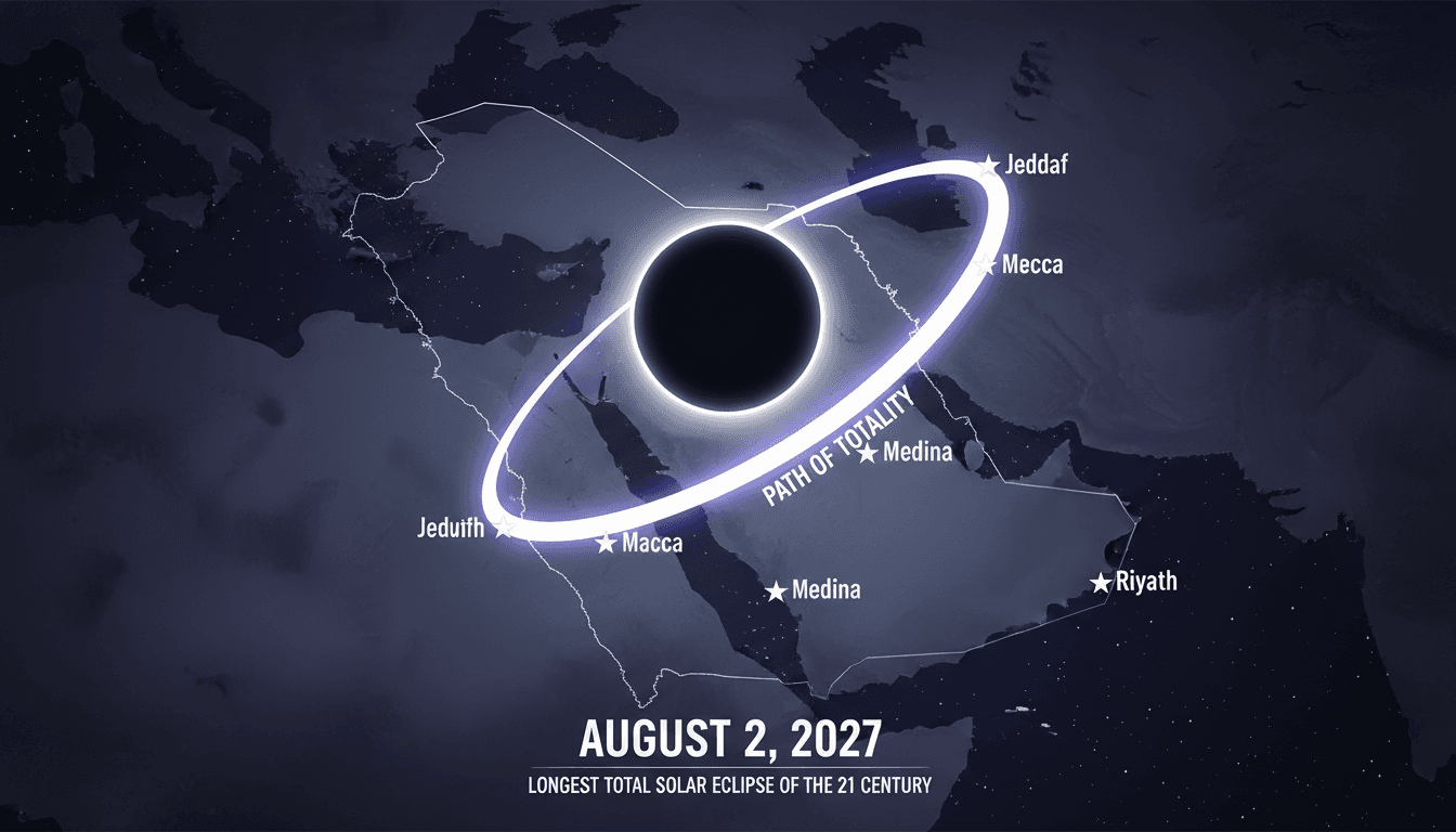Total solar eclipse path across Saudi Arabia on August 2, 2027