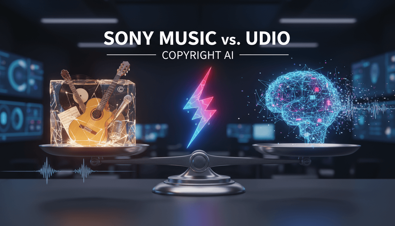 A visual representation of the conflict between music copyright and AI technology.