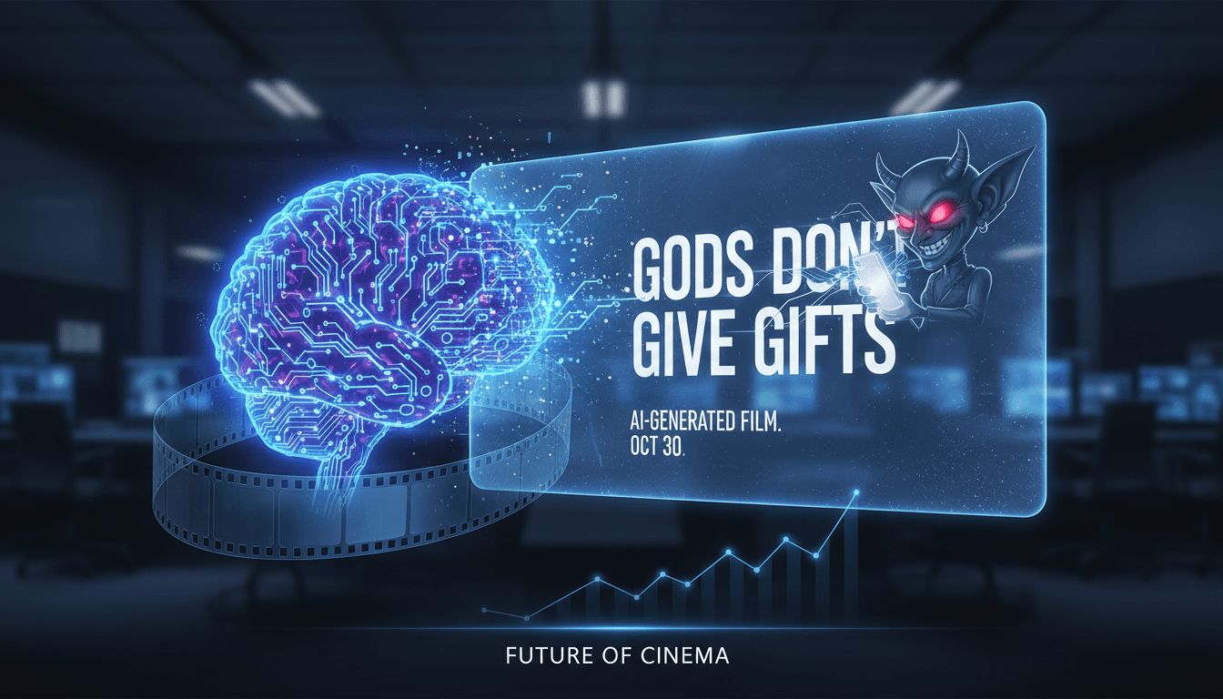 Promotional image for Gossip Goblin's AI-generated film 'Gods Don’t Give Gifts'