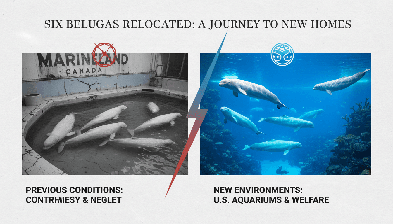 Beluga whales swimming in their new aquarium environment