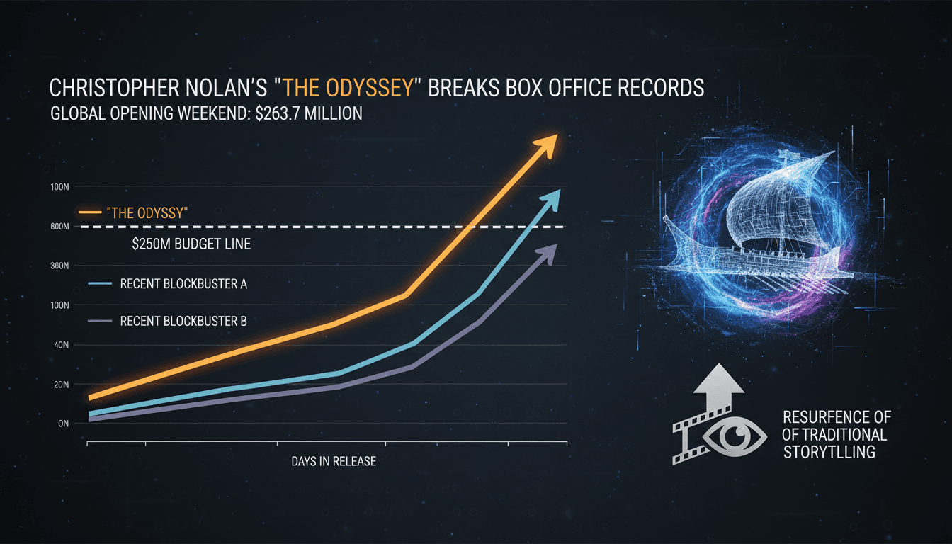 Christopher Nolan's 'The Odyssey' film poster with box office statistics