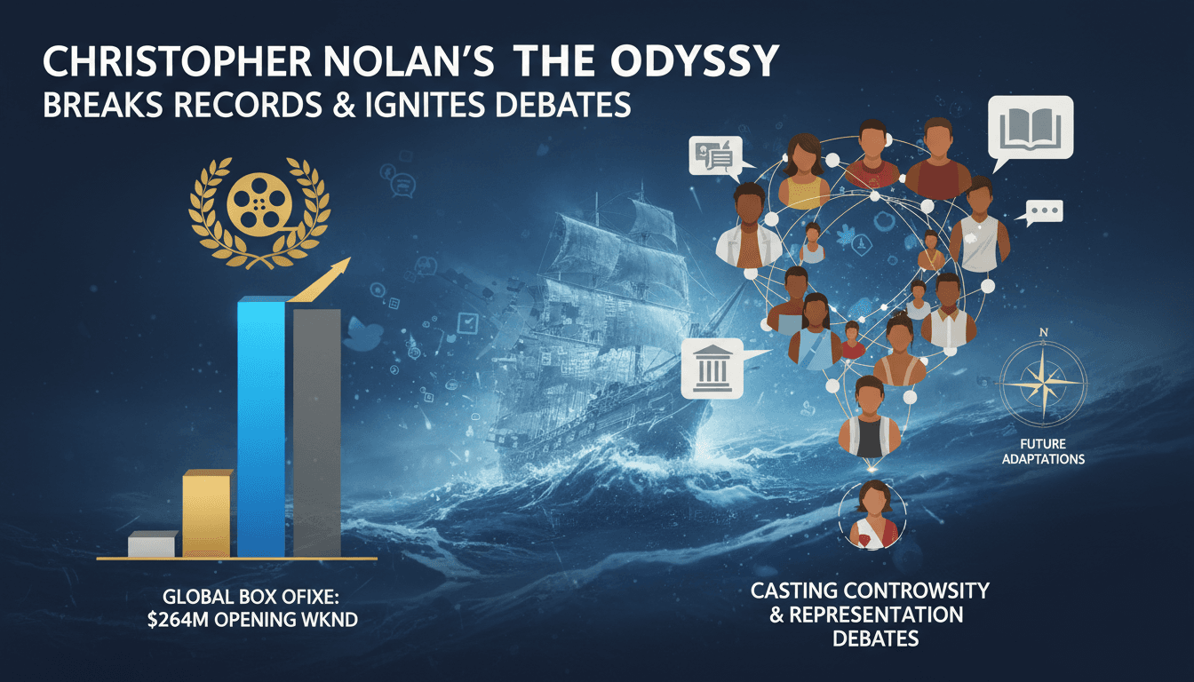Christopher Nolan's The Odyssey film poster with box office statistics