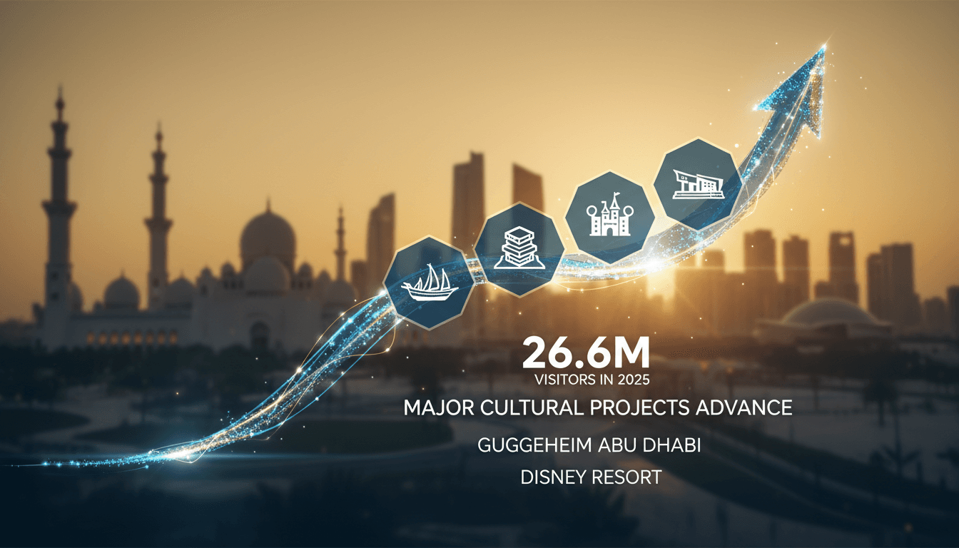Abu Dhabi skyline with cultural landmarks and tourists