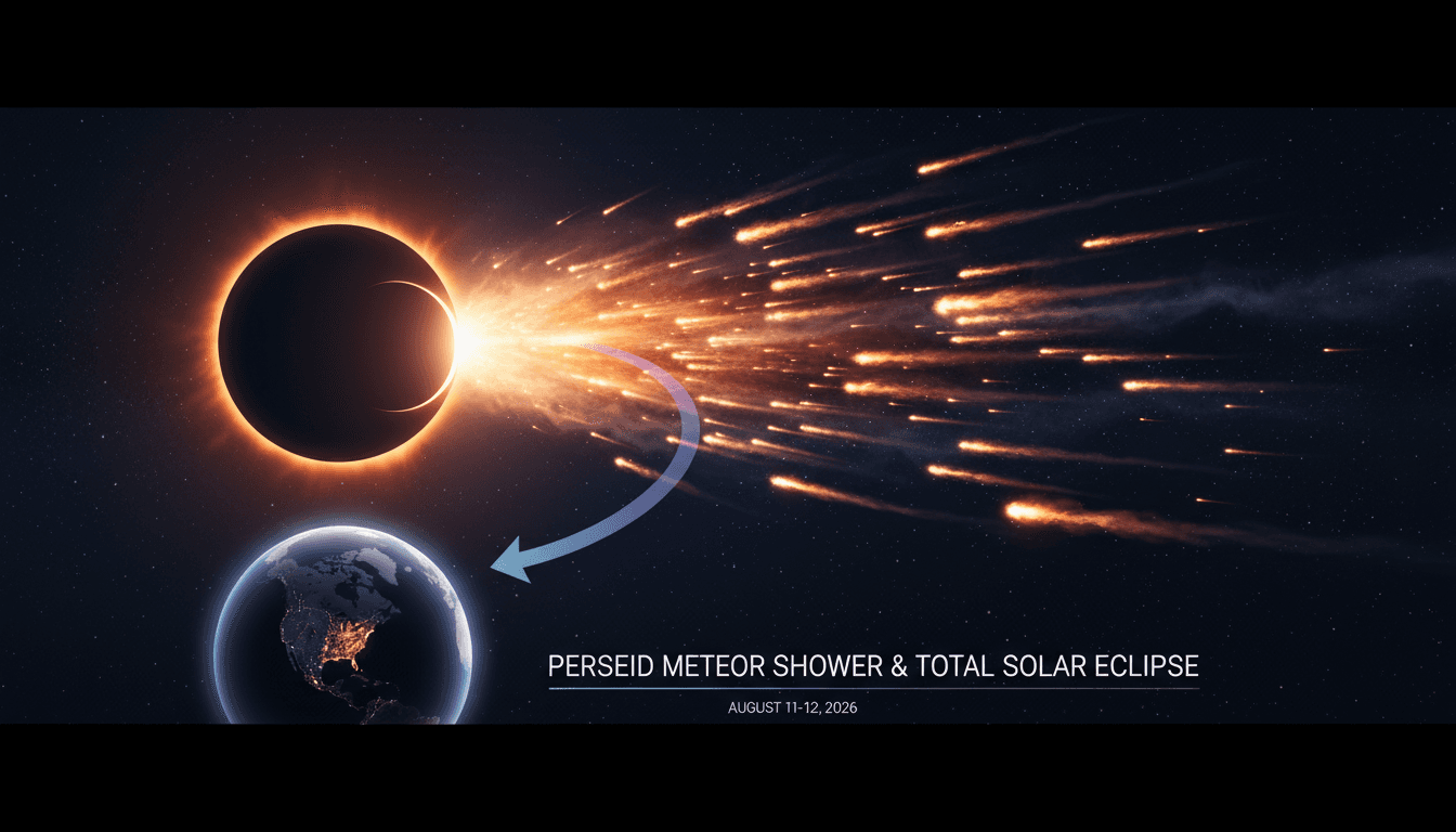 A stunning visual of the Perseid meteor shower and total solar eclipse.