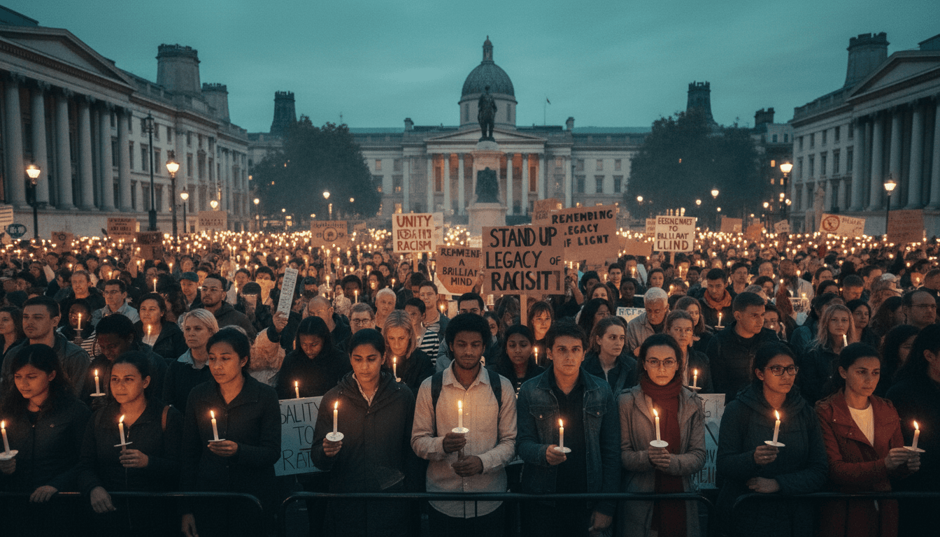 Attendees holding candles and placards at the vigil for Jason Arday in Trafalgar Square.