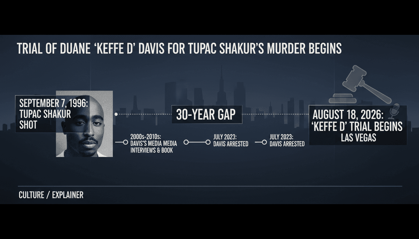 A timeline graphic showing key events in the Tupac Shakur murder case leading to the trial of Duane 'Keffe D' Davis.