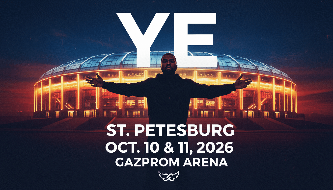 Ye's concert announcement for St. Petersburg, highlighting the cultural significance of Western performances in Russia.