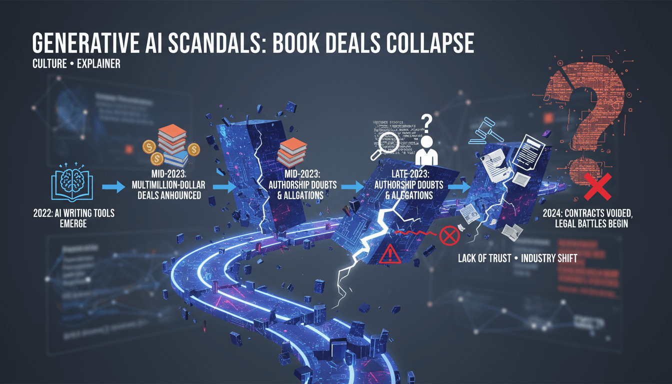 Infographic showing the timeline of generative AI's impact on book publishing, highlighting key events and reactions.