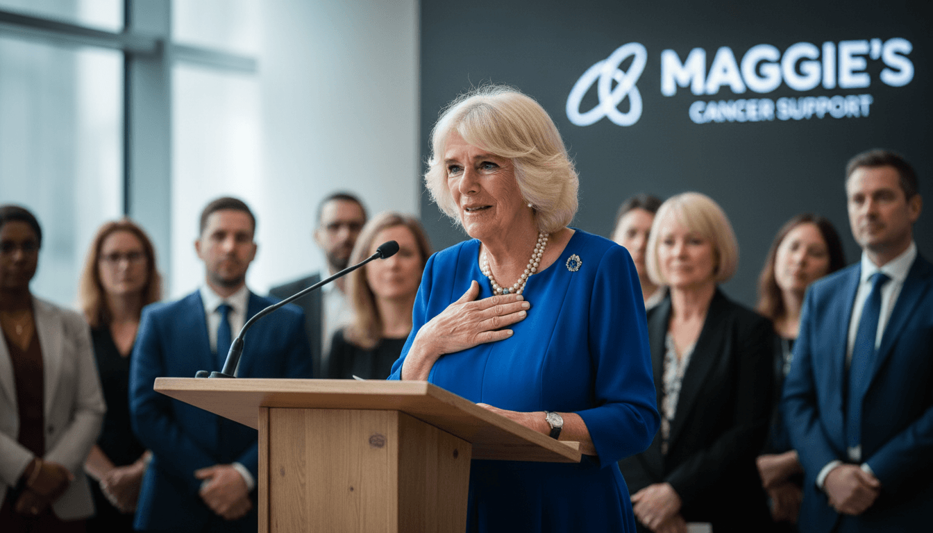 Queen Camilla speaking at a charity event, highlighting the emotional toll of leadership secrecy.