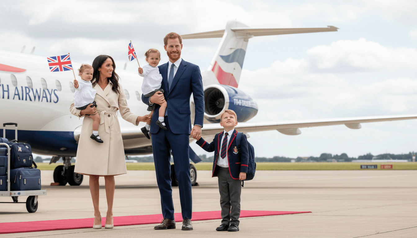 Prince Harry and Meghan Markle arriving at Birmingham International Airport with their children, marking their return to the UK.