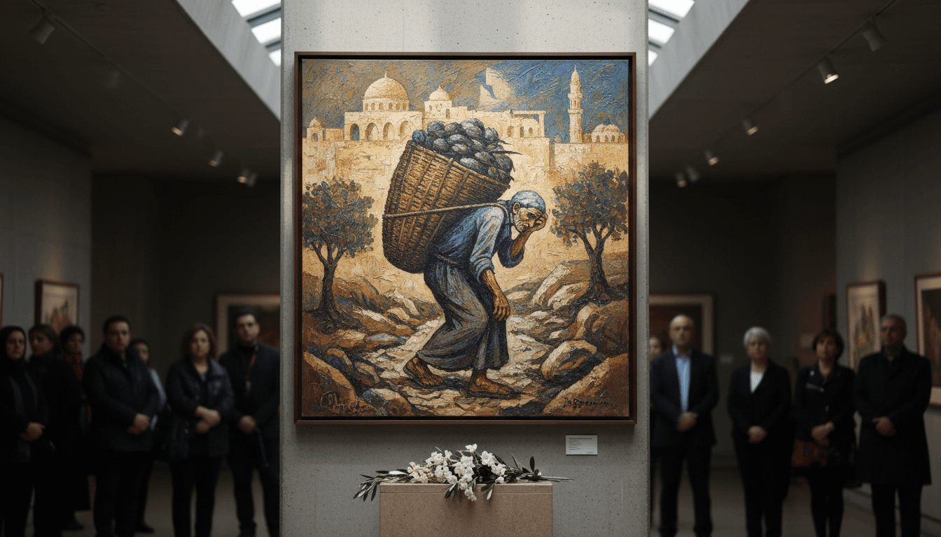 Suleiman Mansour's iconic painting 'Jaml Al-Mahamil' representing Palestinian endurance and identity.