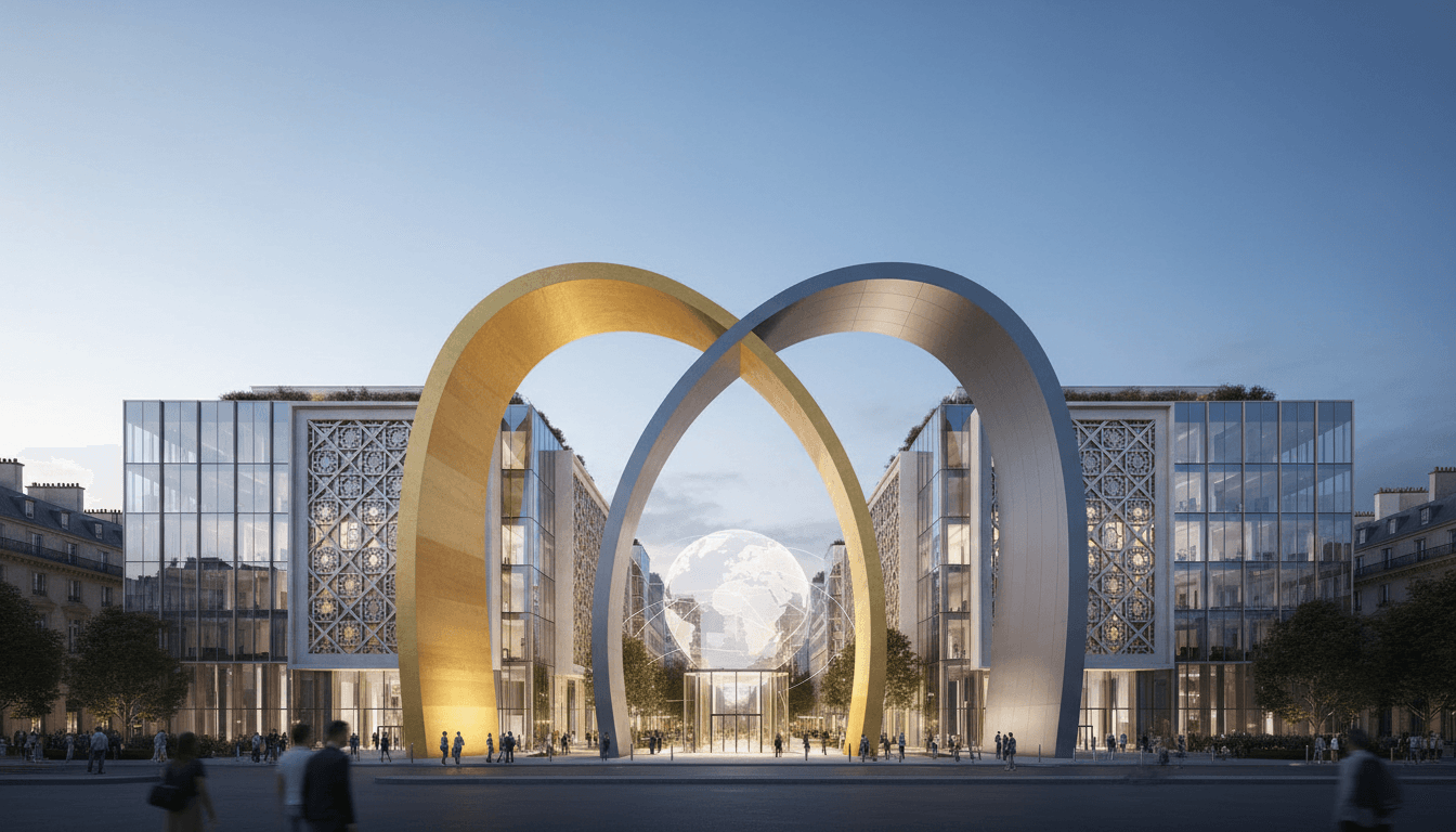 A modern architectural design of the Saudi Cultural Center in Paris, representing cultural exchange and collaboration.