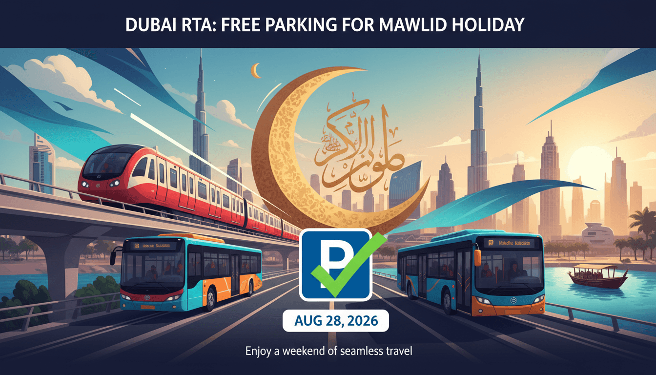 A vibrant graphic announcing free public parking in Dubai for the Mawlid holiday, featuring public transport imagery.