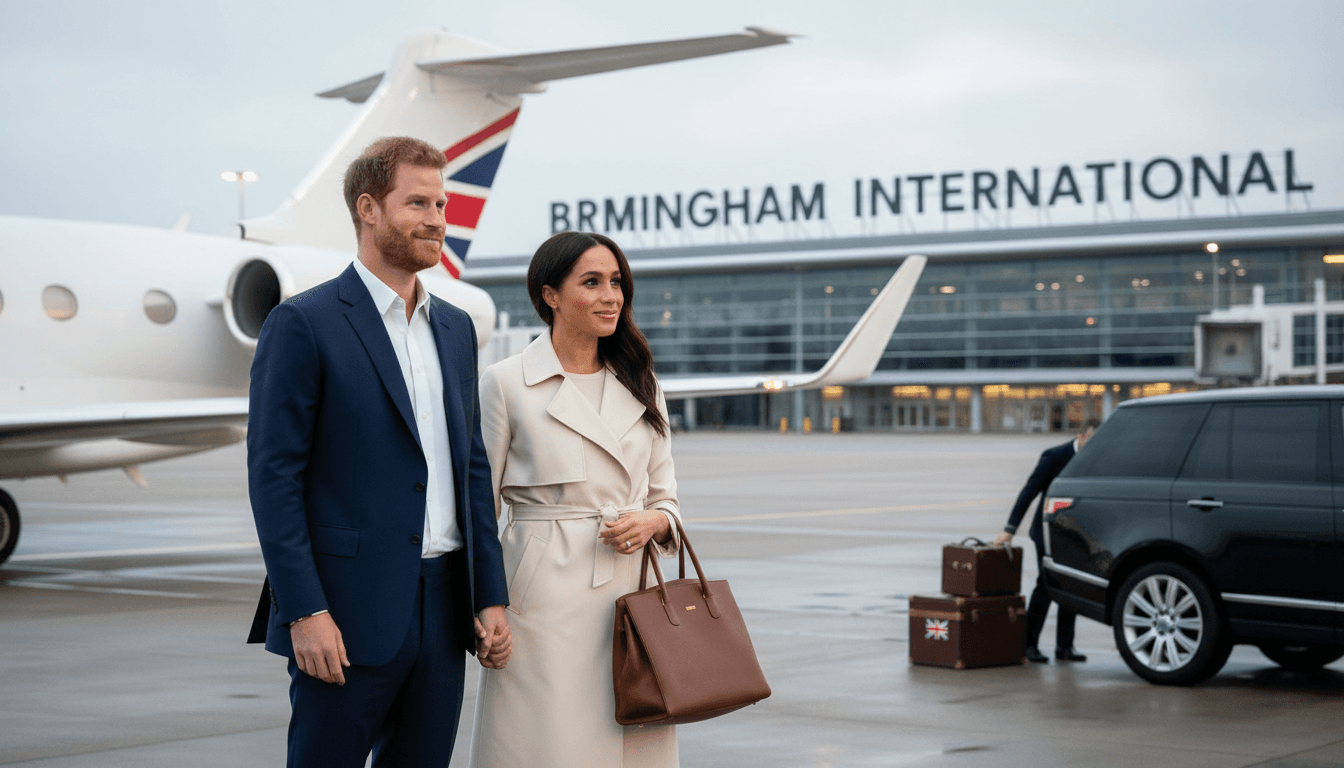 Prince Harry and Meghan Markle arriving at Birmingham International Airport, highlighting their return to the UK.