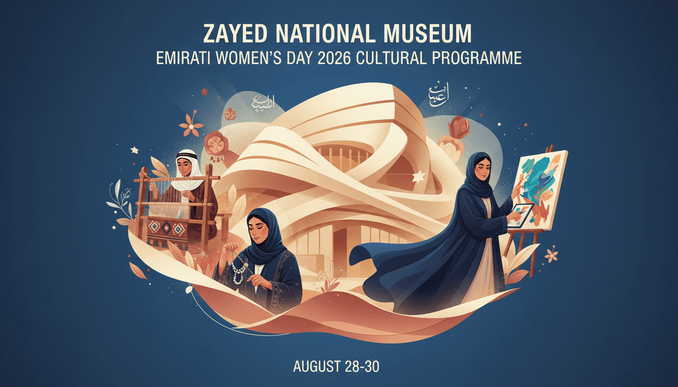 Emirati women participating in cultural workshops at Zayed National Museum during Emirati Women's Day.