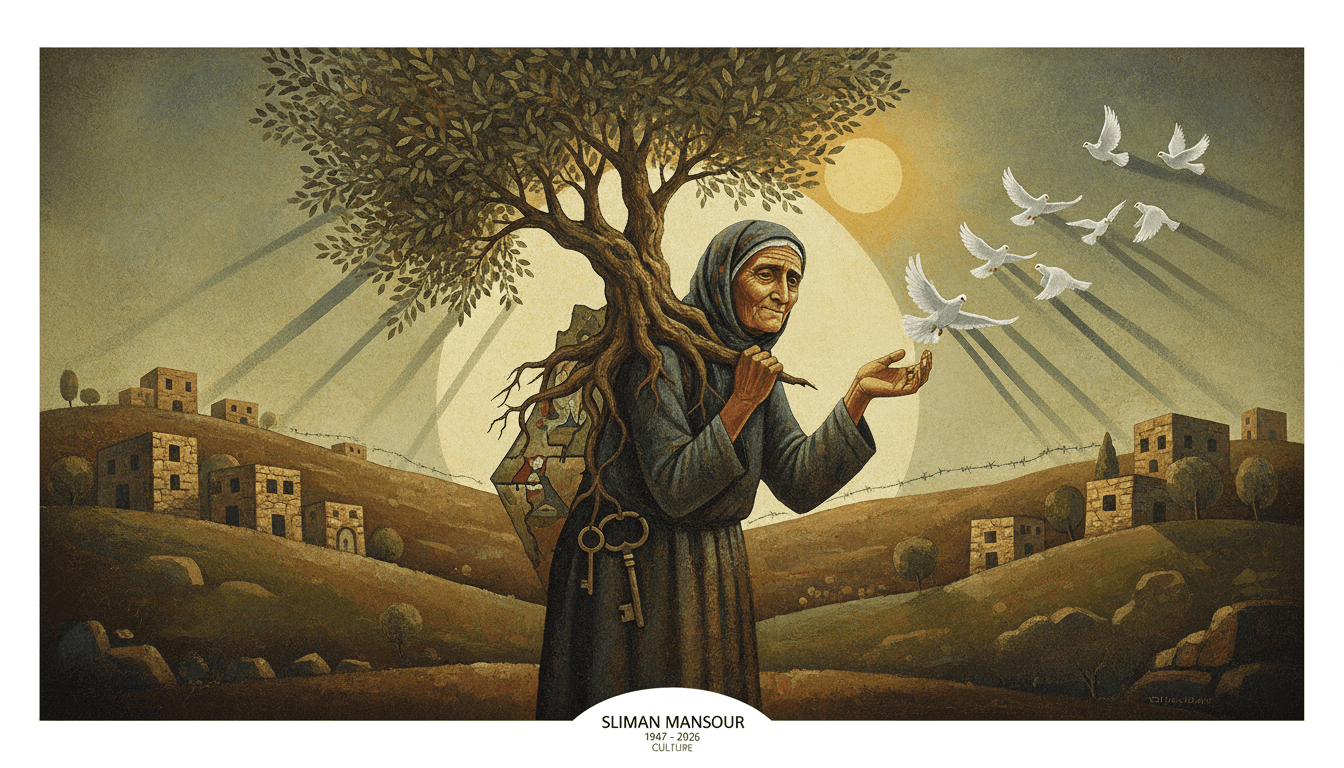 An iconic artwork by Sliman Mansour representing Palestinian resistance and cultural identity.