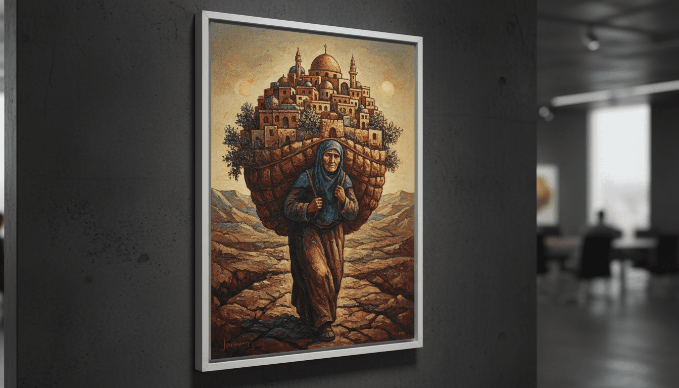 Suleiman Mansour's iconic painting 'Jaml Al-Mahamil', symbolizing Palestinian resilience and identity.