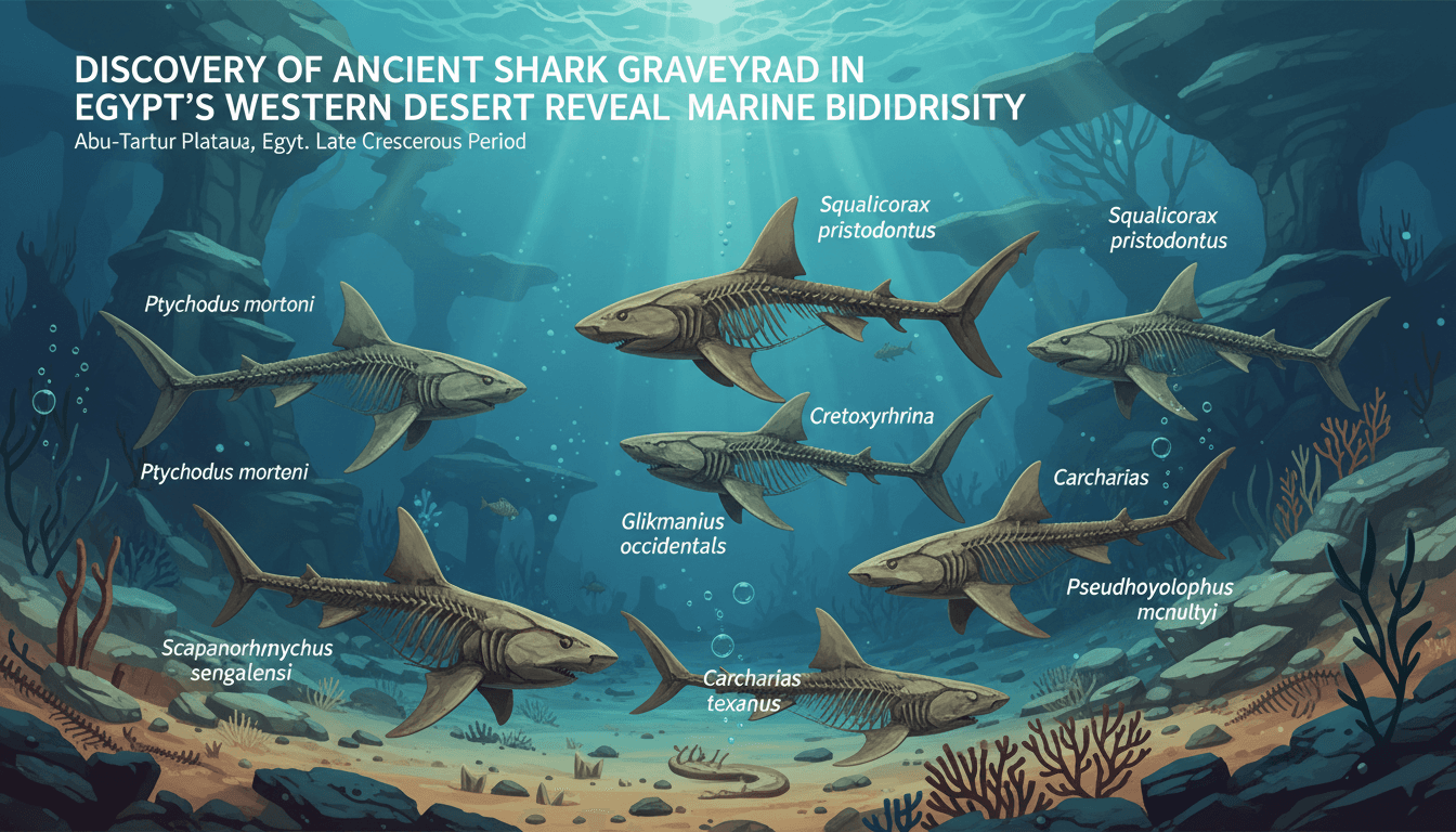 Infographic depicting seven extinct shark species discovered in Egypt's Abu-Tartur Plateau, highlighting ancient marine biodiversity.