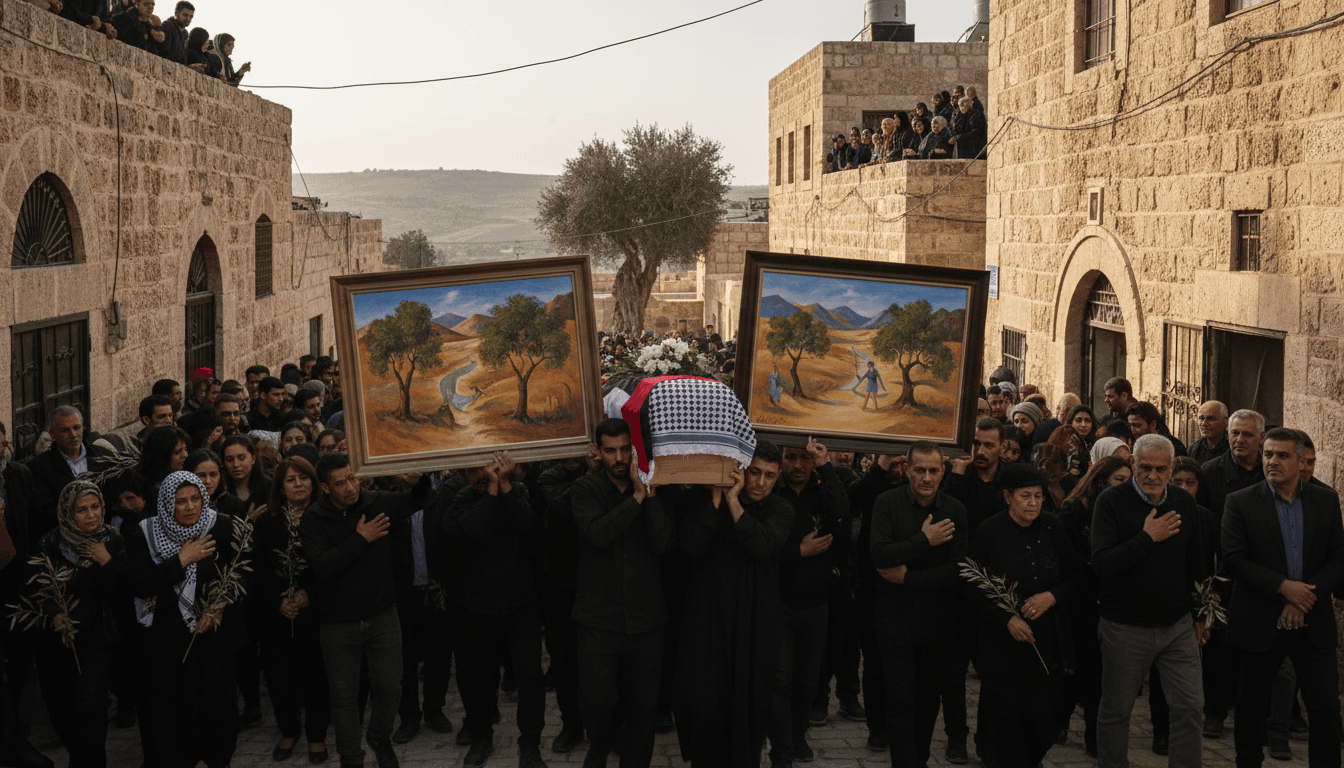 A solemn funeral procession for Sliman Mansour, showcasing the cultural significance of his artistic contributions.
