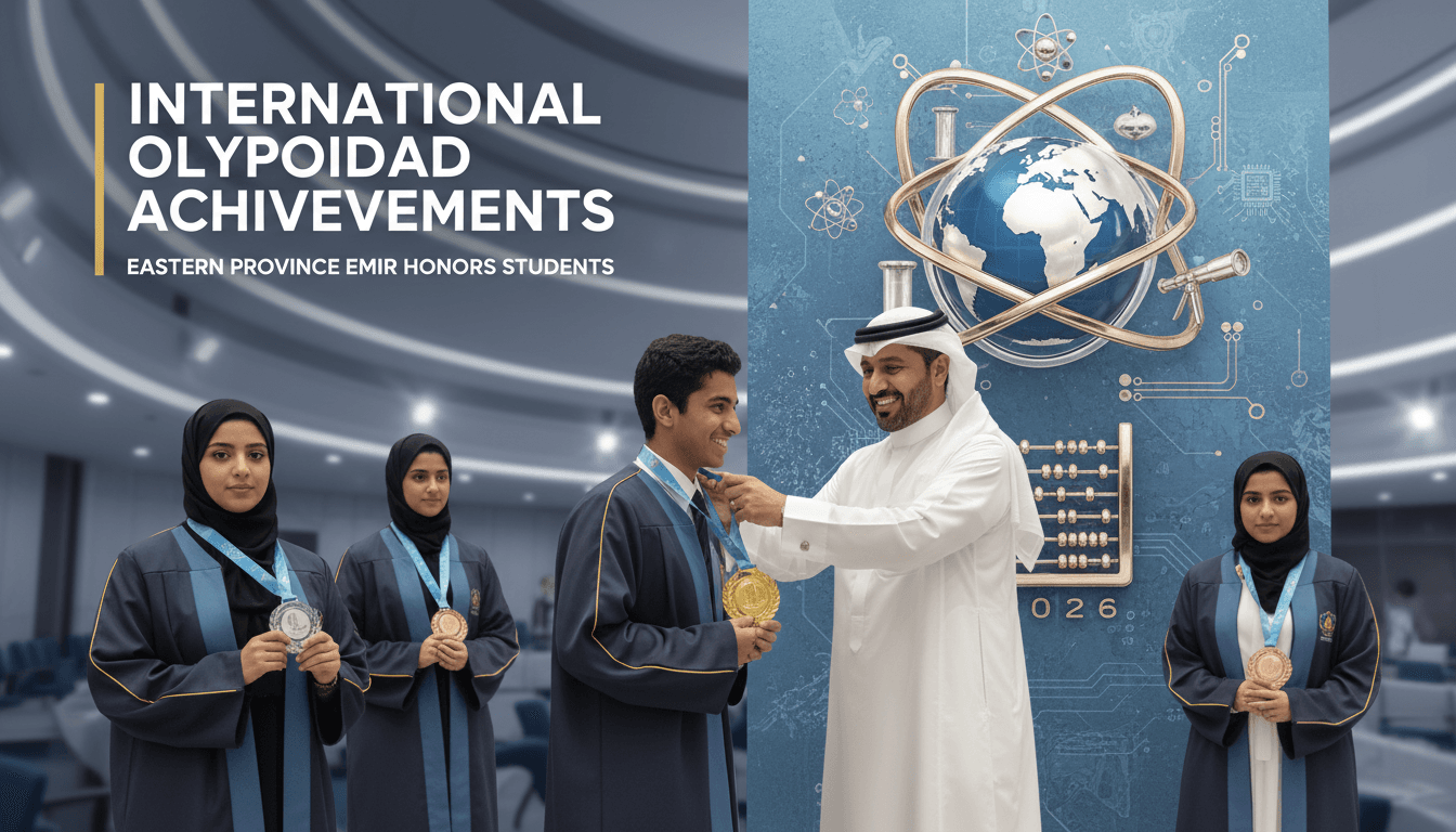 Prince Saud bin Nayef presenting medals to students for their achievements in international scientific Olympiads.