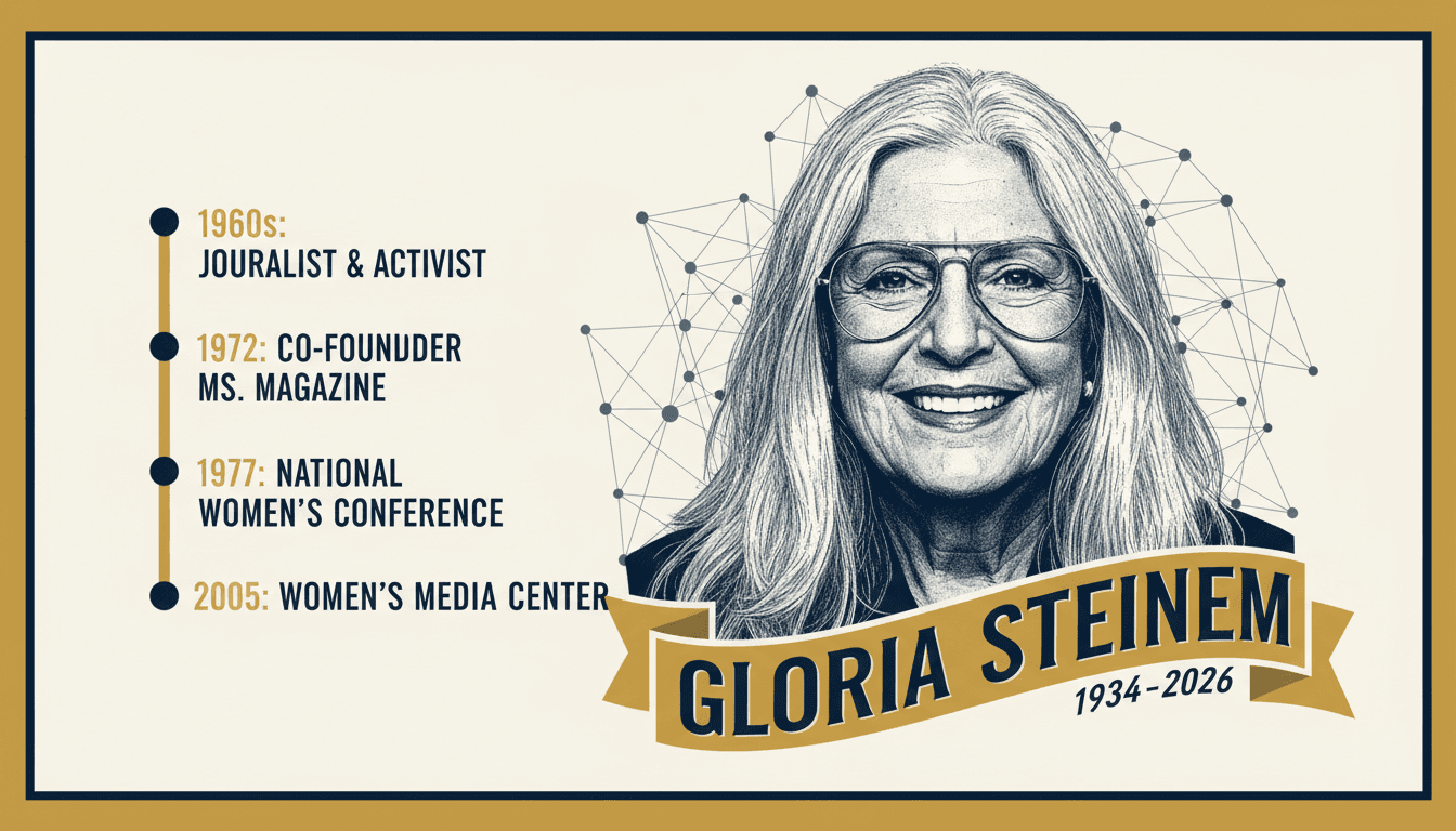 Portrait of Gloria Steinem with highlights of her feminist activism and achievements.