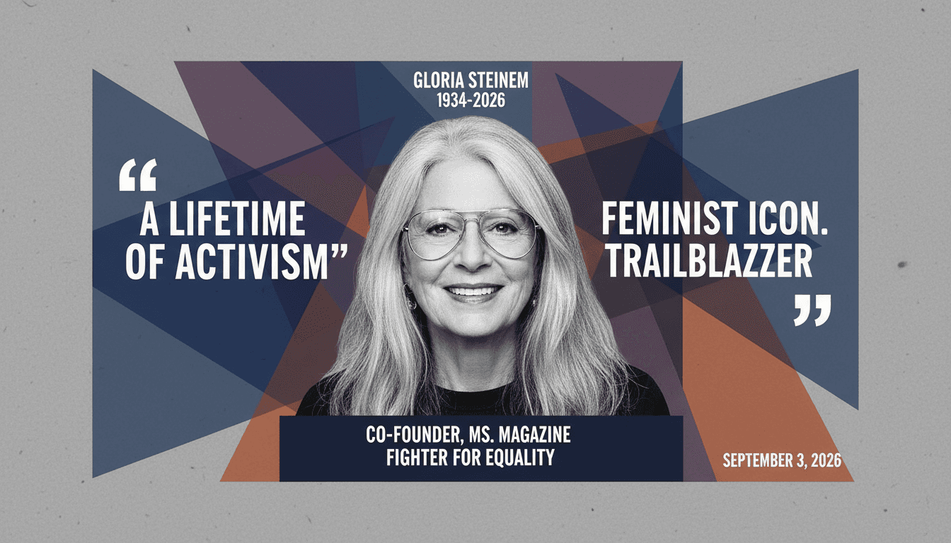 A portrait of Gloria Steinem with quotes about her influence on feminism and gender equality.